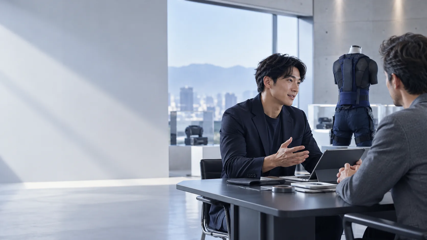 Bionic Suit adoption consultation — discussing pilot scope on a tablet in an office (concept image)